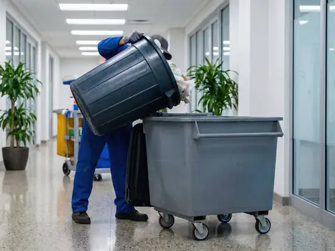 A cleaner in blue overalls tipping a dark waste bin into a grey wheeled container in a corridor with glass walls and potted plants