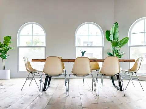 A meeting room with a long wooden table, cream shell chairs, three arched windows and two large potted plants