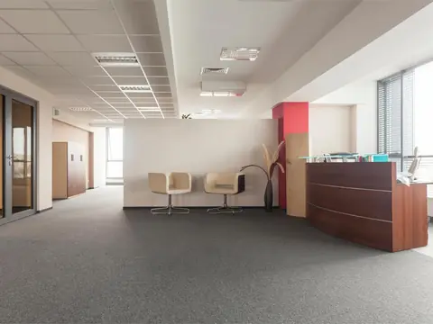 An office reception area with grey carpet, a curved wooden desk, two cream armchairs and a glazed door