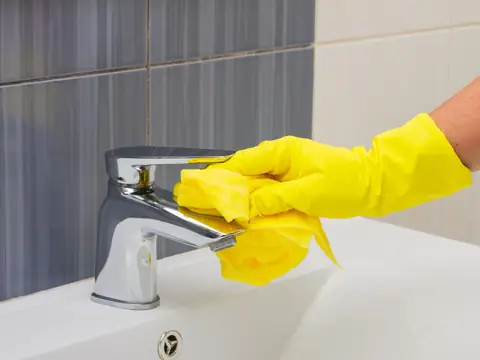 A hand in a yellow rubber glove wiping a chrome tap with a yellow cloth above a white basin, grey tiles behind