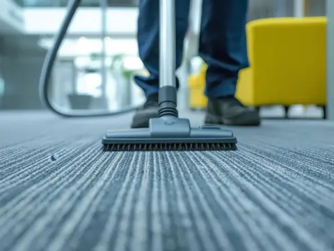 A vacuum cleaner head on grey striped carpet, with the legs and work shoes of the person using it and a yellow armchair behind