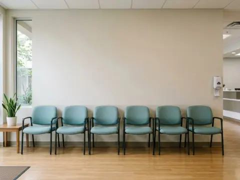 An empty waiting room with six teal chairs along a wall, a potted plant on a side table and a wood floor